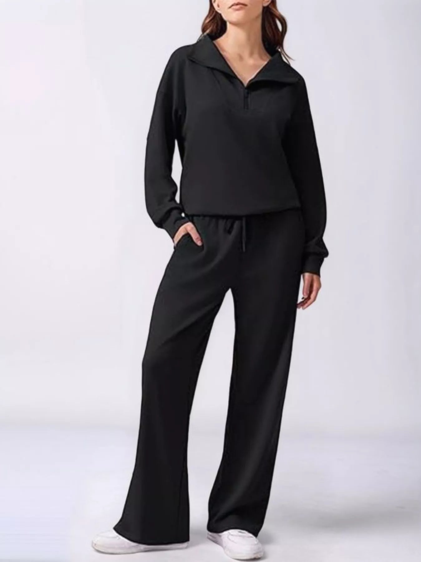 Daverri relaxed fit black quarter-zip top and wide-leg pants set