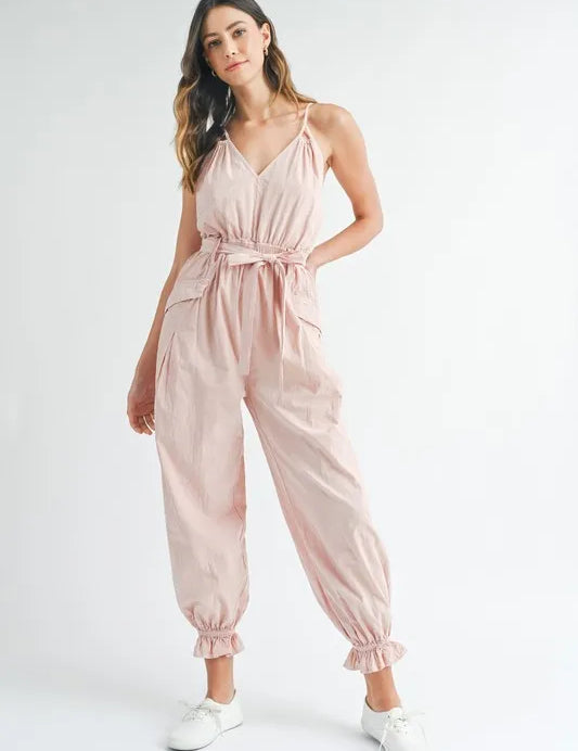 Pink S MABLE Washed Fabric Spaghetti Strap Waist Belted Jumpsuit | Jumpsuits Daverri Fashions