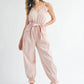 MABLE Washed Fabric Spaghetti Strap Waist Belted Jumpsuit Pink S Jumpsuits