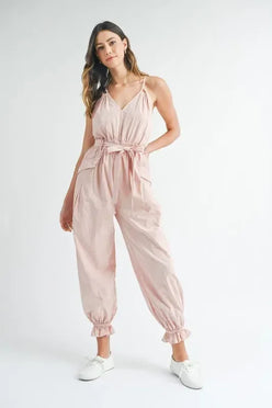 MABLE Washed Fabric Spaghetti Strap Waist Belted Jumpsuit - DAVERRI FASHIONS