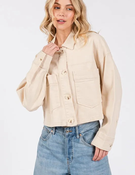 Tan bytos Button Down Cropped Denim Jacket with Patch Pockets | Daverri Fashions