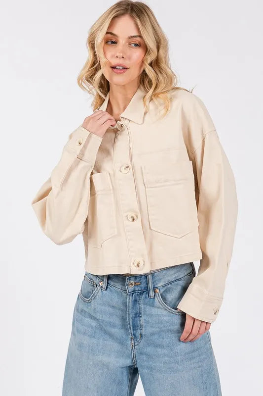 bytos Button Down Cropped Denim Jacket with Patch Pockets Tan