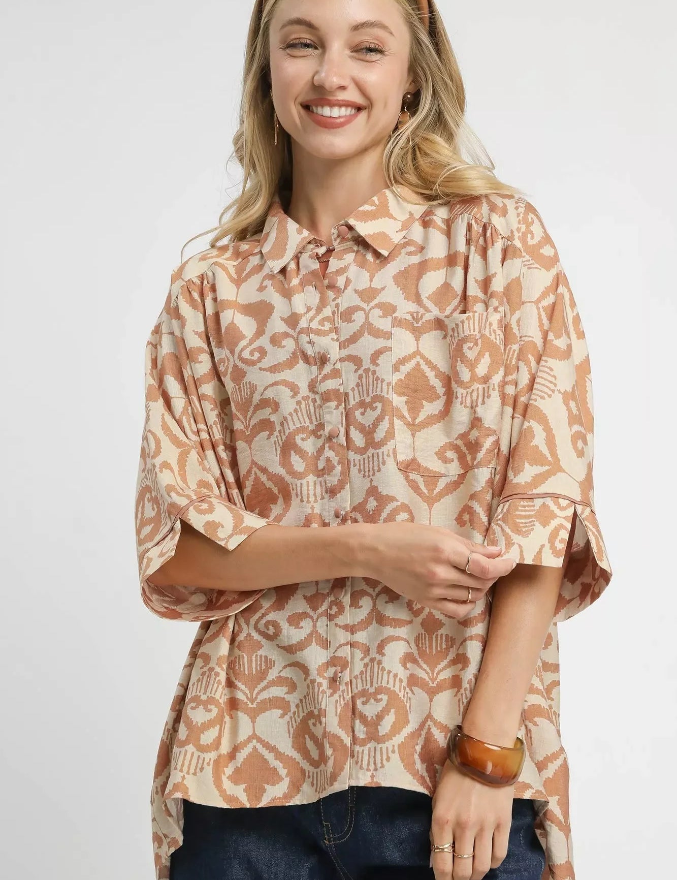 Beige and brown abstract print Umgee button-up blouse with ruffled sleeves