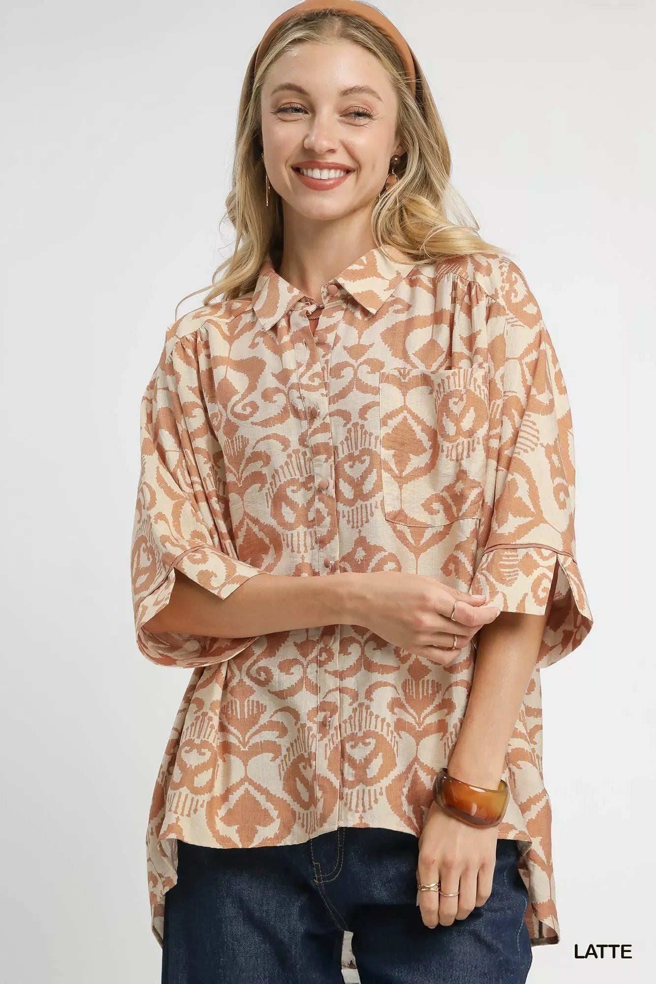 Beige and brown abstract print Umgee button-up blouse with ruffled sleeves
