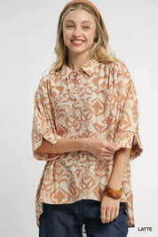 Beige and brown abstract print Umgee button-up blouse with ruffled sleeves