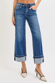 RISEN Mid Rise Ankle Straight Jeans with Cuffed Hem | Jeans Daverri Fashions