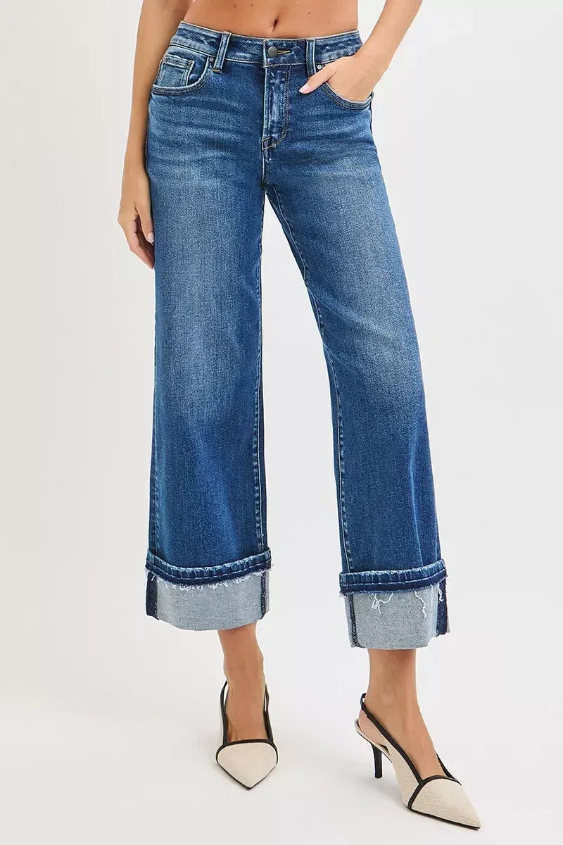 RISEN Mid Rise Ankle Straight Jeans with Cuffed Hem - DAVERRI FASHIONS