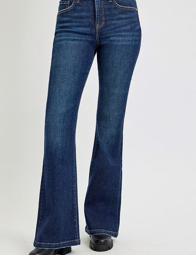 RISEN Full Size High Rise Flare Jeans with Pockets Dark 1XL