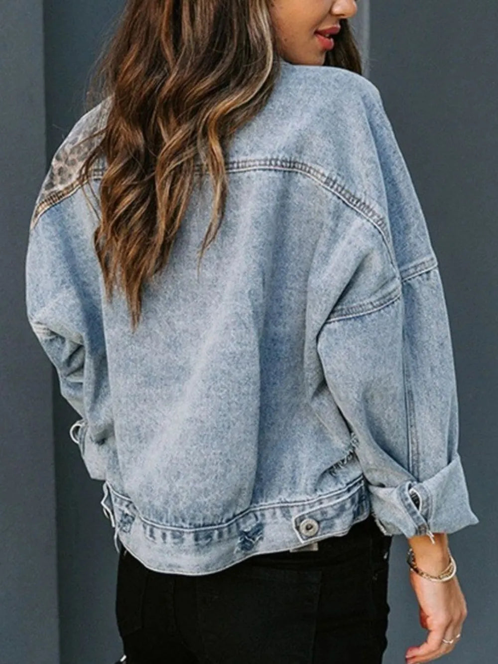 Distressed Leopard Drop Shoulder Denim Jacket | Denim Jackets Daverri Fashions
