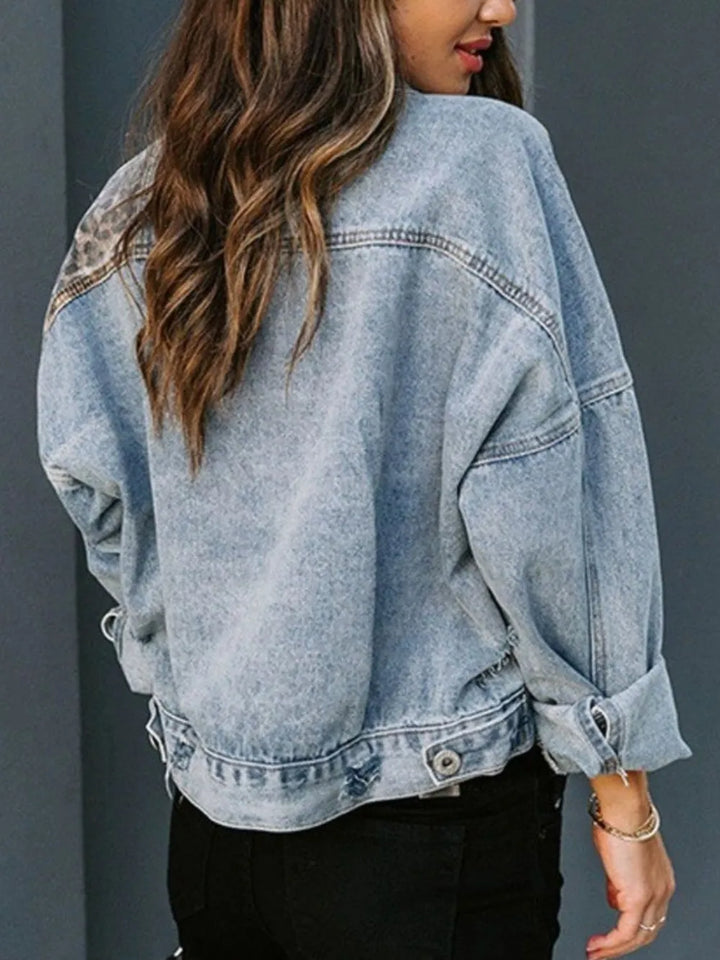 Distressed Leopard Drop Shoulder Denim Jacket | Denim Jackets Daverri Fashions