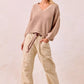 BiBi beige ribbed knit v-neck sweater with drawstring waist