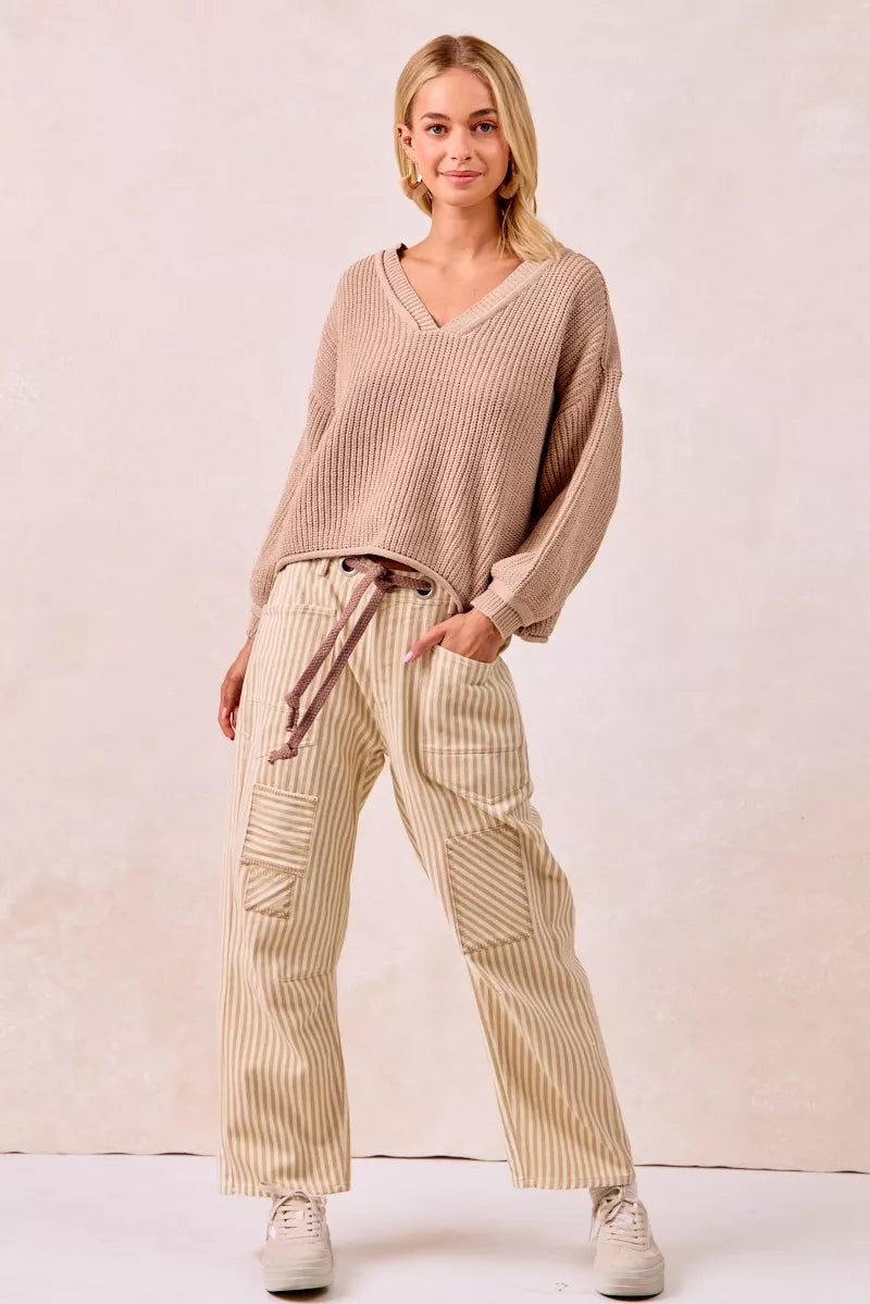BiBi beige ribbed knit v-neck sweater with drawstring waist