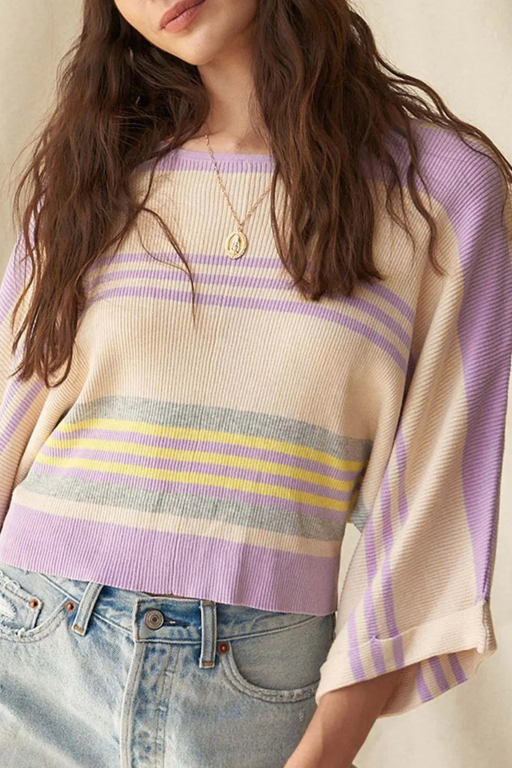 Pink Purple Contrast Striped Round Neck Three-Quarter Sleeve Top | Knit Tops Daverri Fashions