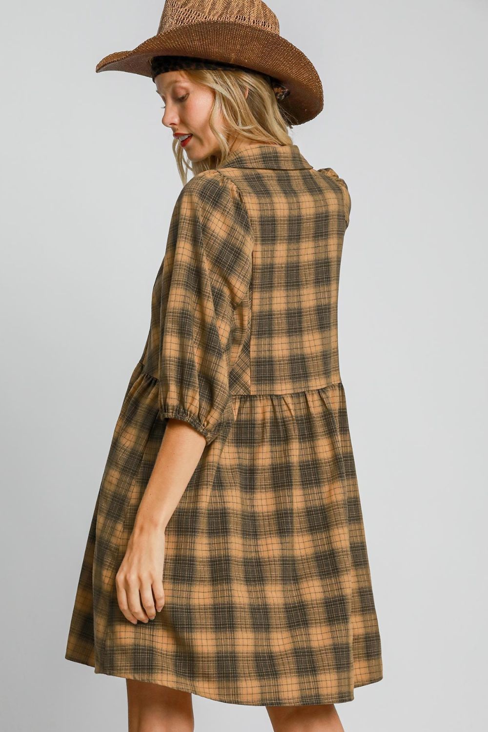 Umgee Full Size Plaid Button Front Collared Neck Mini Shirt Dress Plus Size