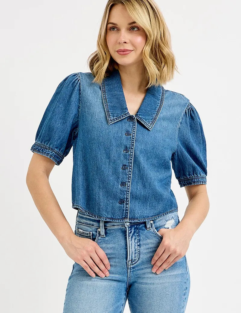 RISEN Button Down Puff Sleeve Crop Denim Shirt | Tops Daverri Fashions