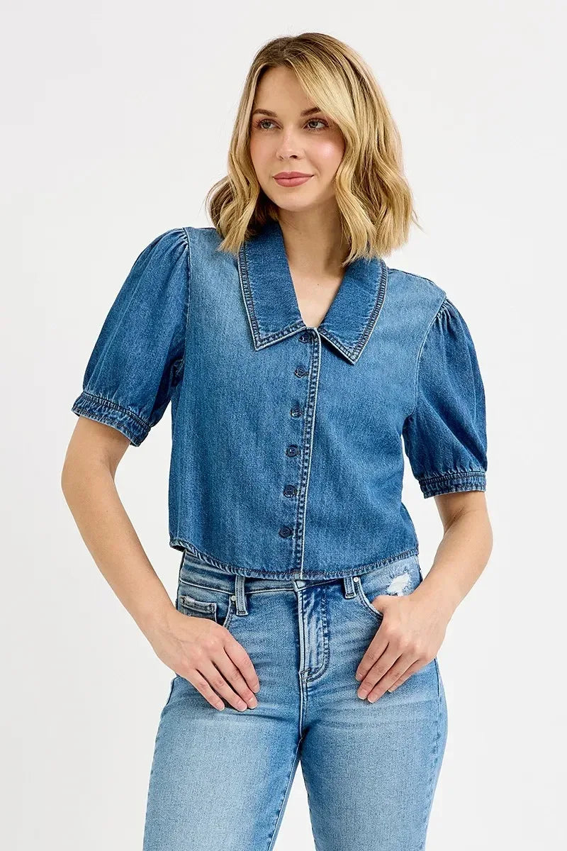 RISEN Button Down Puff Sleeve Crop Denim Shirt - DAVERRI FASHIONS