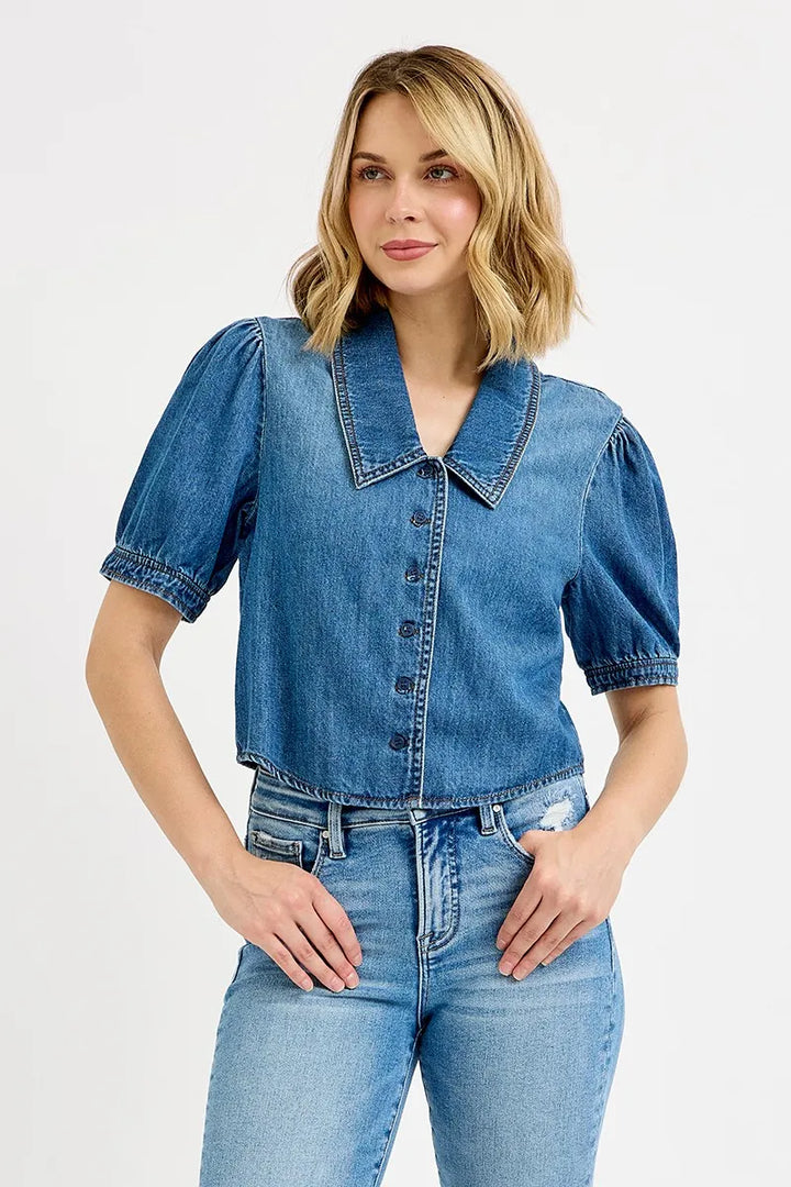 RISEN Button Down Puff Sleeve Crop Denim Shirt Tops