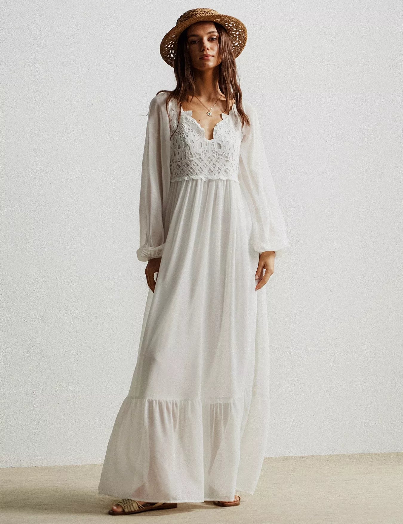 White Boho Chic Crochet Lace Maxi Dress with Ruffles