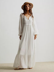 White Boho Chic Crochet Lace Maxi Dress with Ruffles
