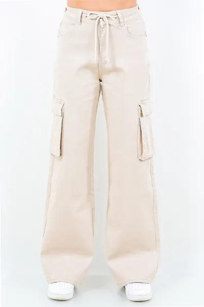 American Bazi Full Size Drawstring Wide Leg Cargo Pants Plus Size Apricot Pants