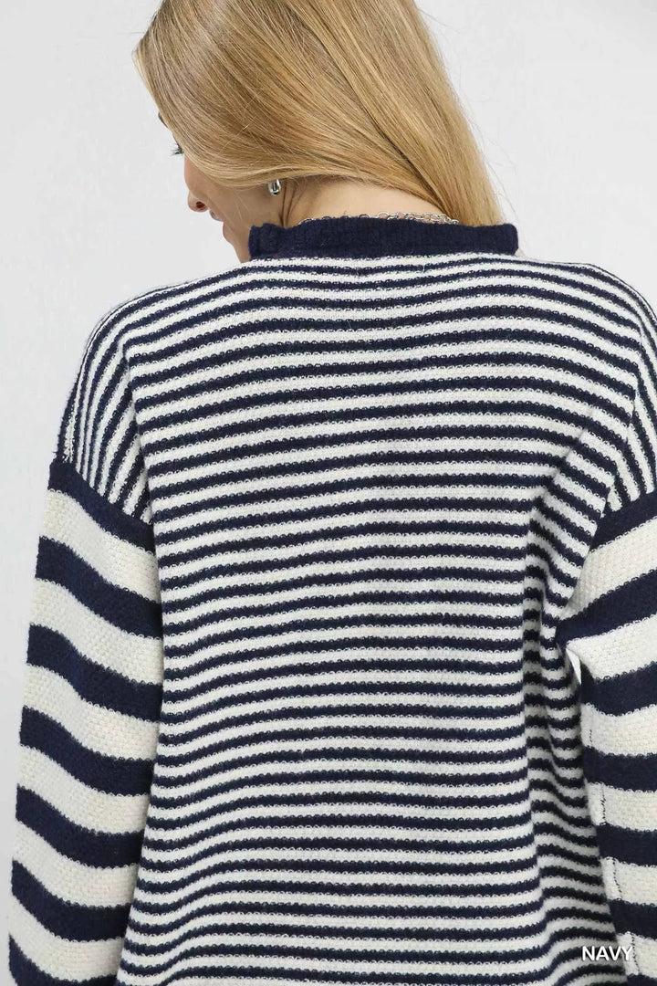 Umgee Ruffle Neck Stripe Sweater | Sweaters Daverri Fashions
