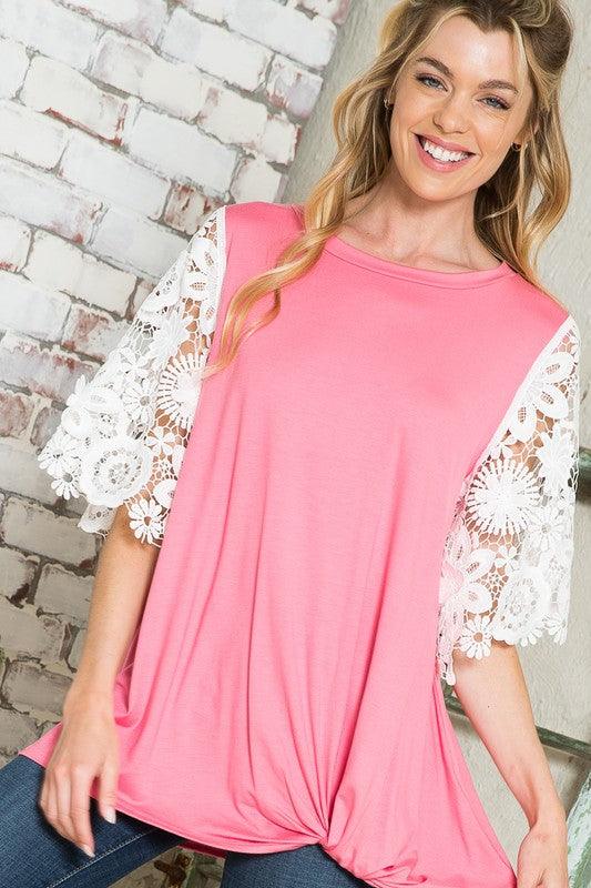 Lace Sleeve Top Candy Pink Tops