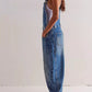 Wide strap wide leg denim overalls in blue with relaxed cut and stitching