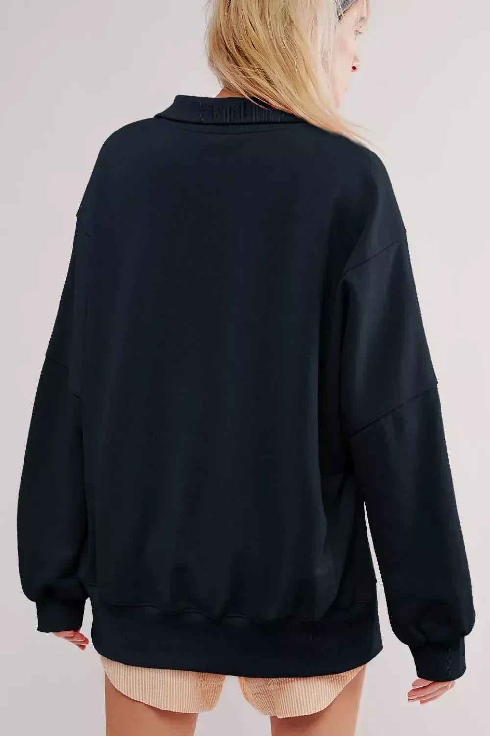 Buttoned Collared Raw Detail High Low Baggy Sweatshirt with Slits - DAVERRI FASHIONS