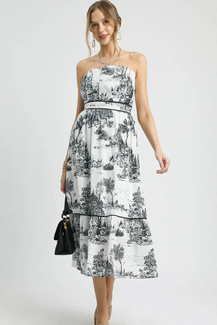 Umgee Printed Tiered Tube Midi Dress Black Midi Dresses