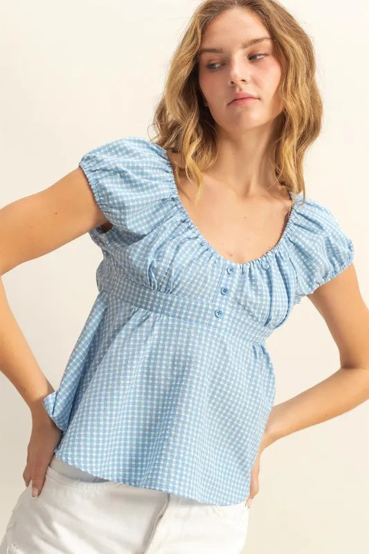 HYFVE Gingham Scoop Neck Cap Sleeve Blouse BLUE