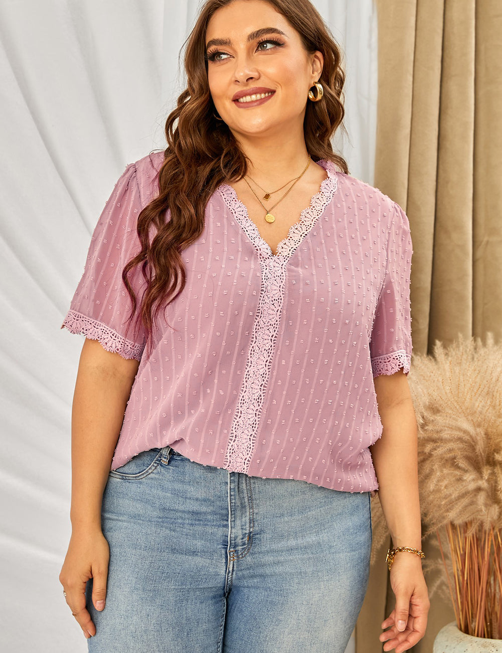 Plus Size Swiss Dot Spliced Lace V-Neck Blouse | Blouses Daverri Fashions