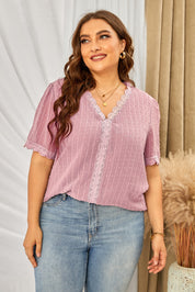 Plus Size Swiss Dot Spliced Lace V-Neck Blouse | Blouses Daverri Fashions