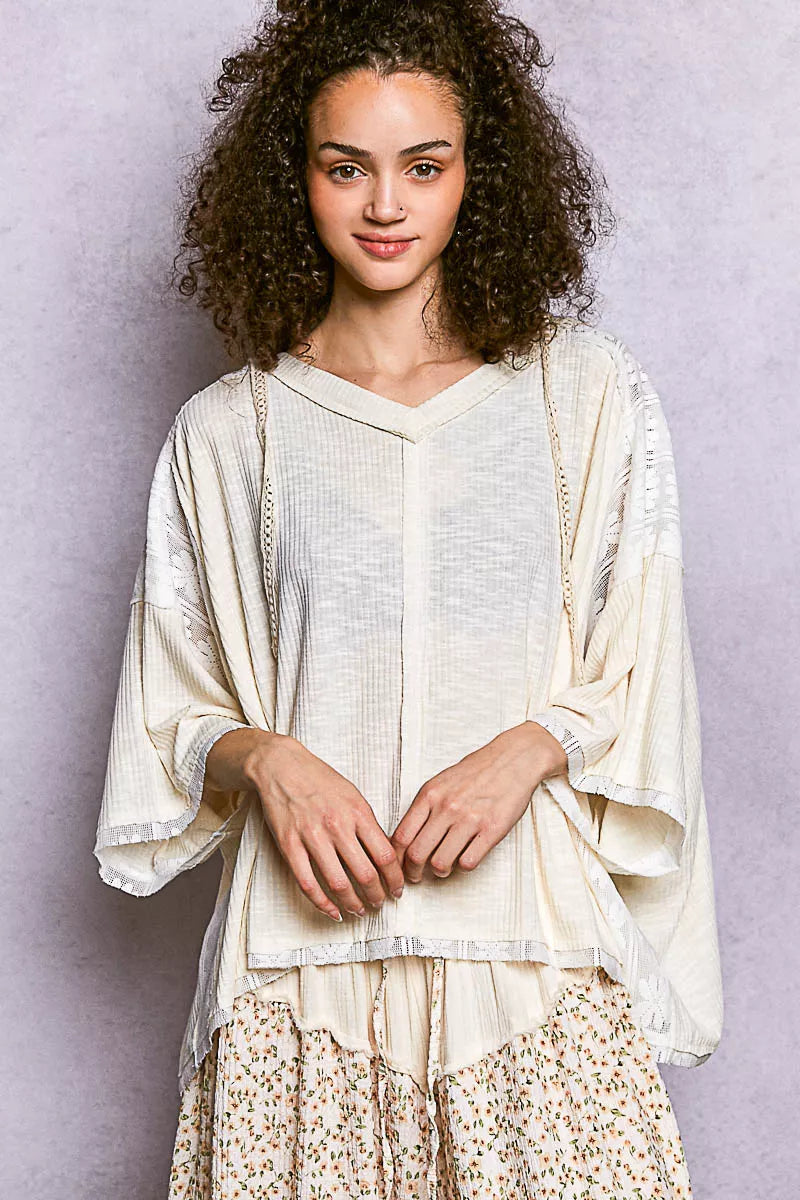 POL Short Sleeve Hoodie Top with lace-trimmed bell sleeves