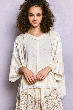 POL Short Sleeve Hoodie Top with lace-trimmed bell sleeves
