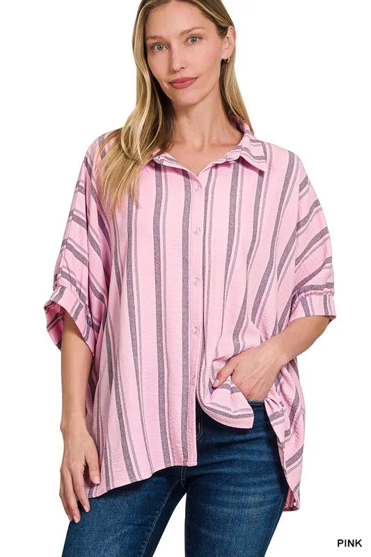 PINK Zenana Woven Yarn-Dye Stripe Oversized Button Down Shirt | Daverri Fashions