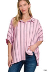 Zenana Woven Yarn-Dye Stripe Oversized Button Down Shirt - DAVERRI FASHIONS