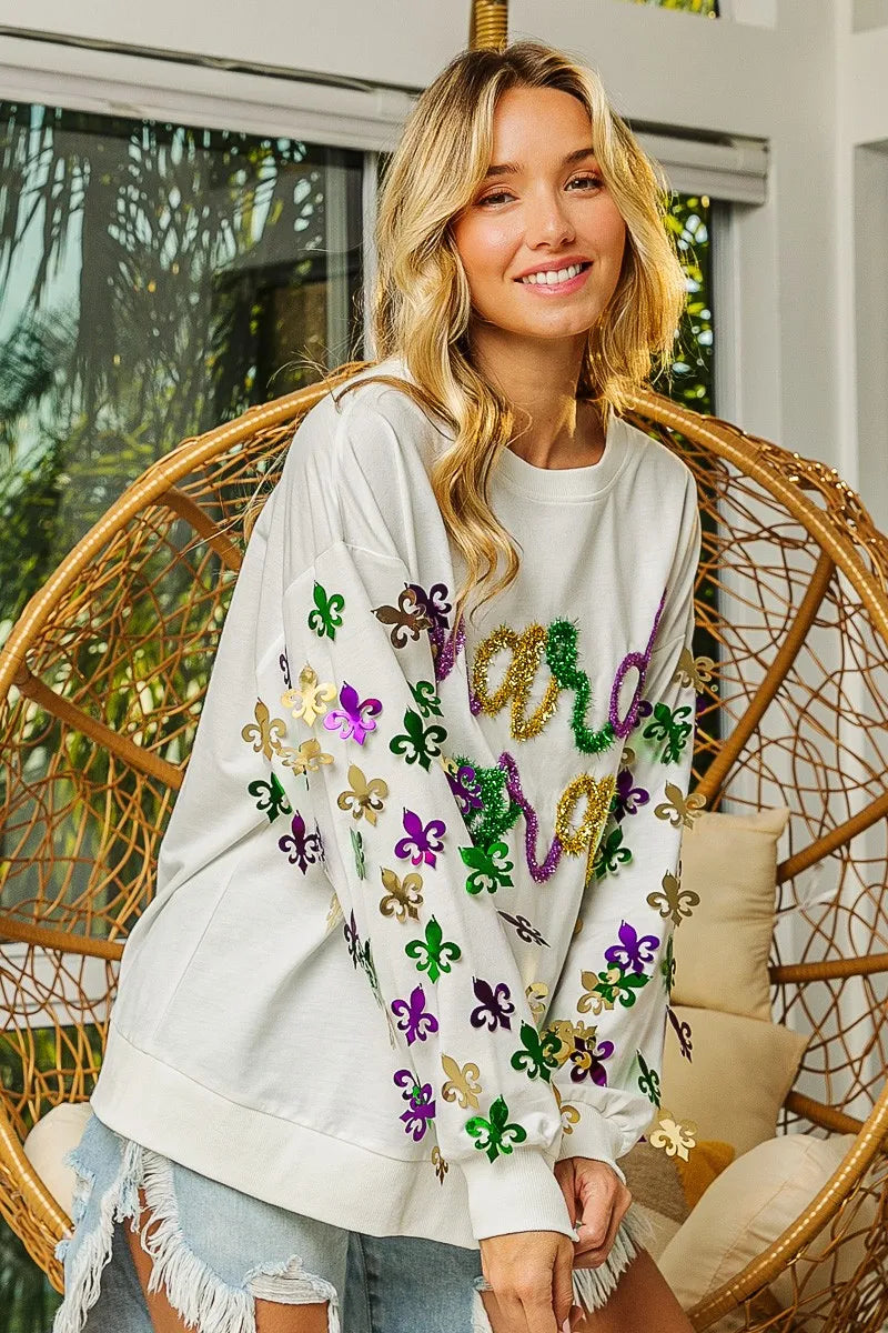 BiBi Fleur De Lis Sleeve Mardi Gras Pullover | Daverri Fashions