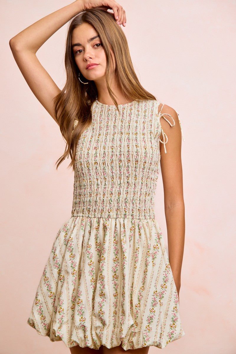 BiBi floral bow tie attachable puff sleeves cream dress with tie straps