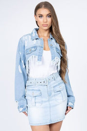 American Bazi Distressed Denim Jacket with Frayed Hem LT Blue