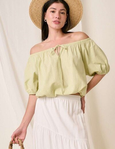 Mittoshop Linen Two-Way Short Sleeve Crop Blouse Lime