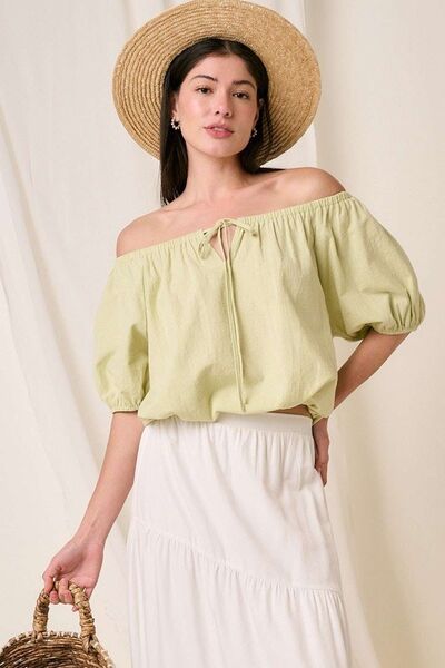 Mittoshop Linen Two-Way Short Sleeve Crop Blouse Lime