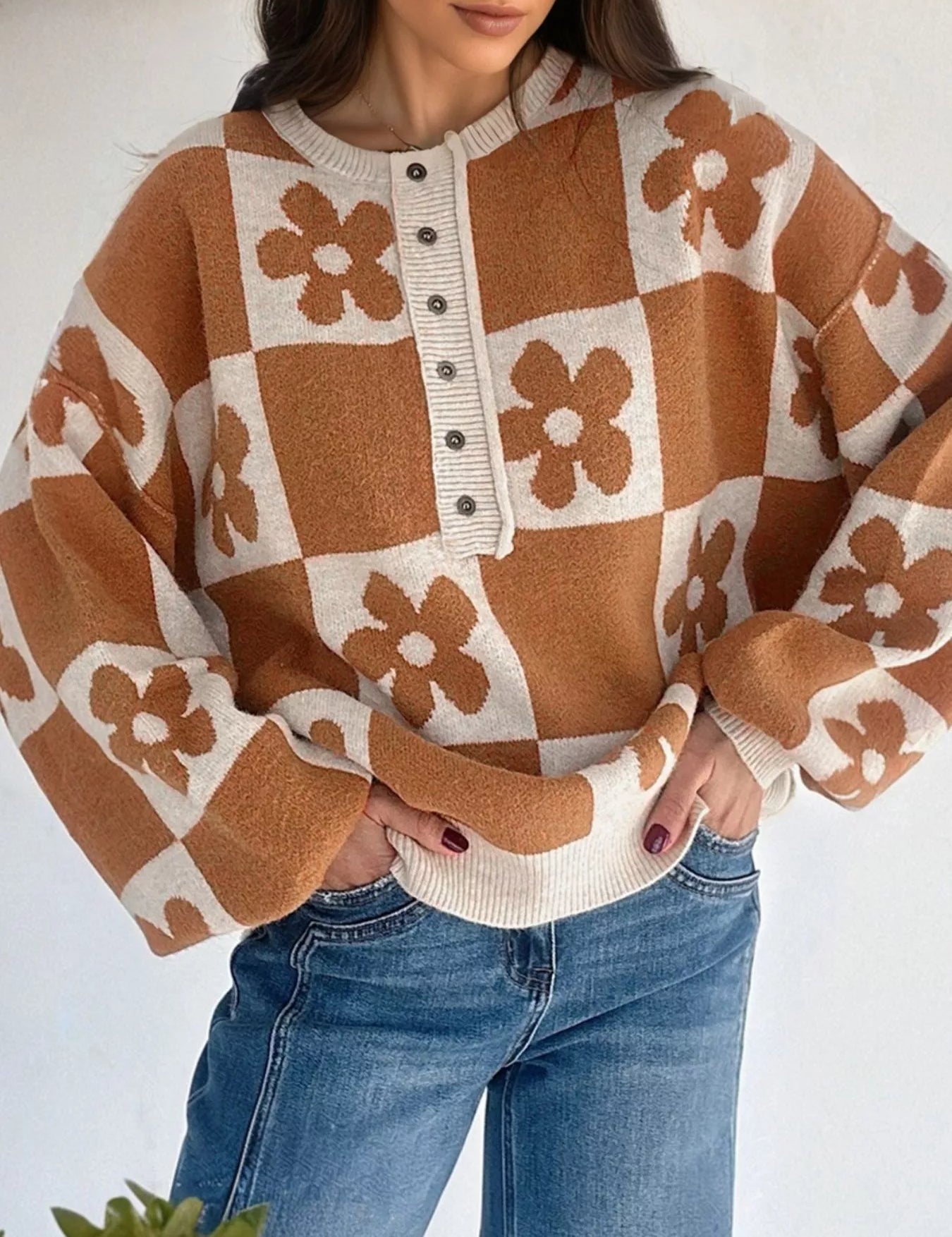 Caramel Flower Plaid Henley Baggy Sweater | Sweaters Daverri Fashions