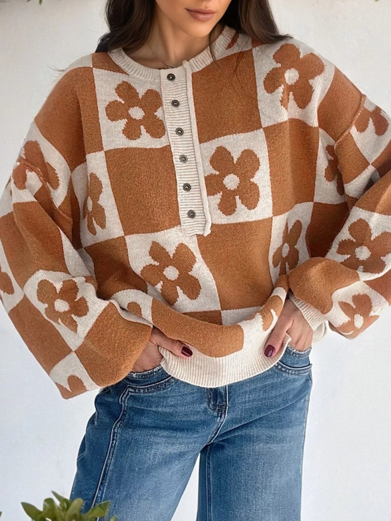 Caramel Flower Plaid Henley Baggy Sweater | Sweaters Daverri Fashions
