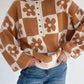 Flower Plaid Henley Baggy Sweater - DAVERRI FASHIONS