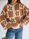 Flower Plaid Henley Baggy Sweater - DAVERRI FASHIONS