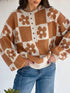 Flower Plaid Henley Baggy Sweater - DAVERRI FASHIONS