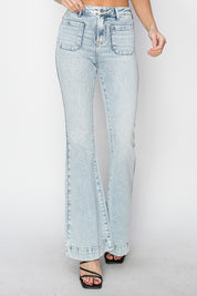 High Rise Front Patch Pocket Flare Jeans Bottoms