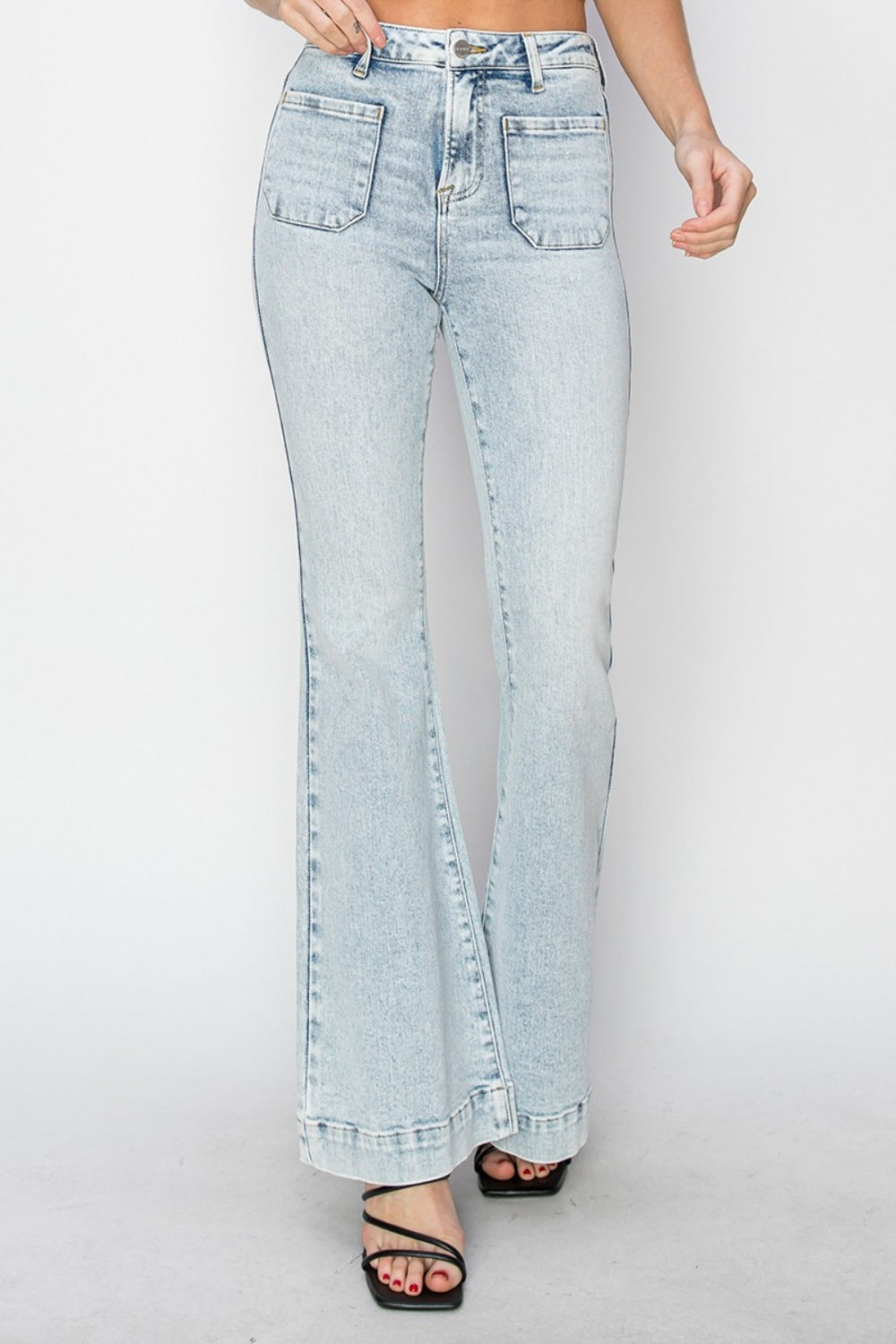 High Rise Front Patch Pocket Flare Jeans Bottoms