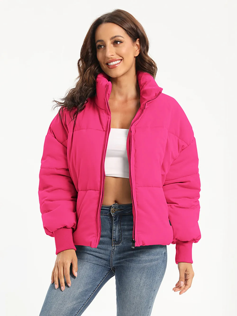 Hot pink zip-up turtleneck puffer jacket with hood