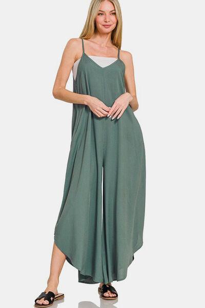 Zenana Sleeveless Curved Hem Wide Leg Overalls with Pockets Ash Jade S